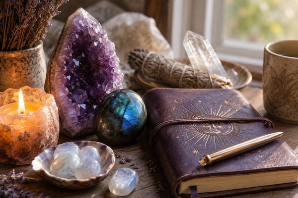 Crystals, journal, and candle arranged for an intuition meditation ritual.