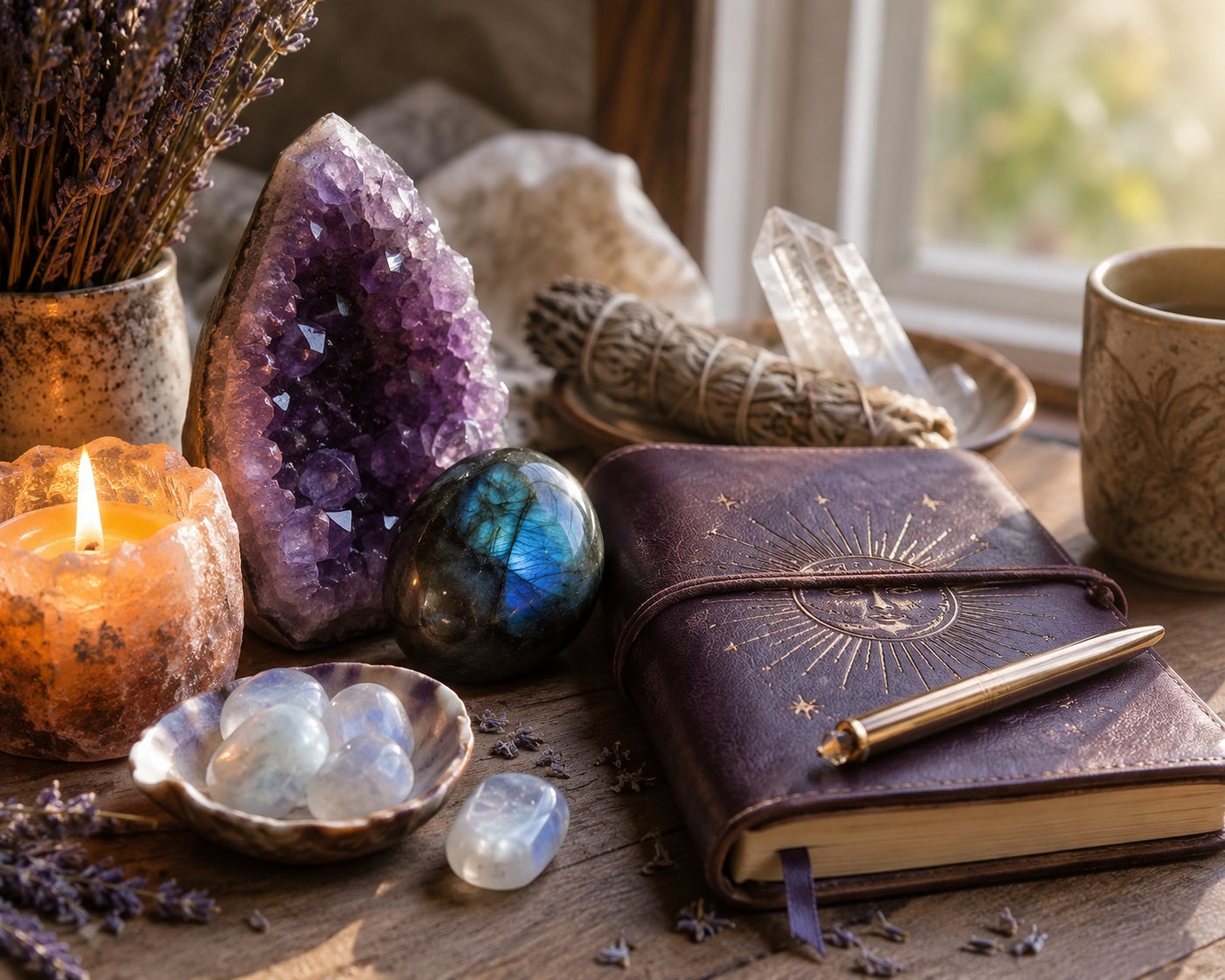 Crystals, journal, and candle arranged for an intuition meditation ritual.