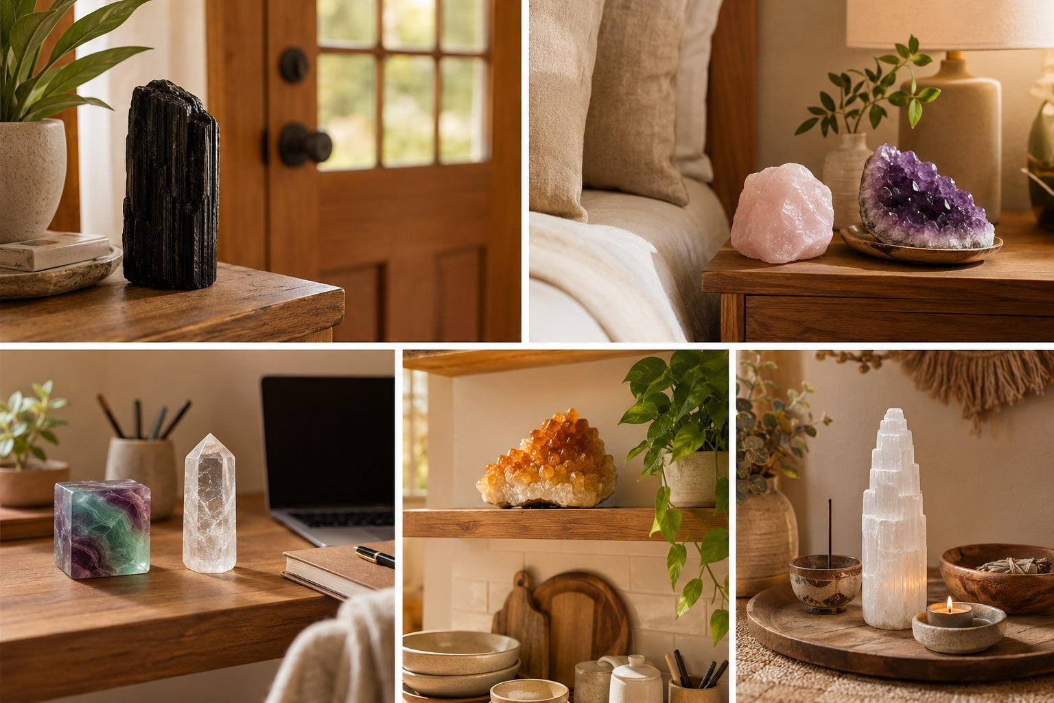 Crystals thoughtfully placed throughout a warm home, including an entryway, bedroom, workspace, kitchen, and meditation area.