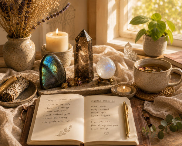 Energy-balancing spiritual altar with grounding crystals, candles, journal, and warm sunlight