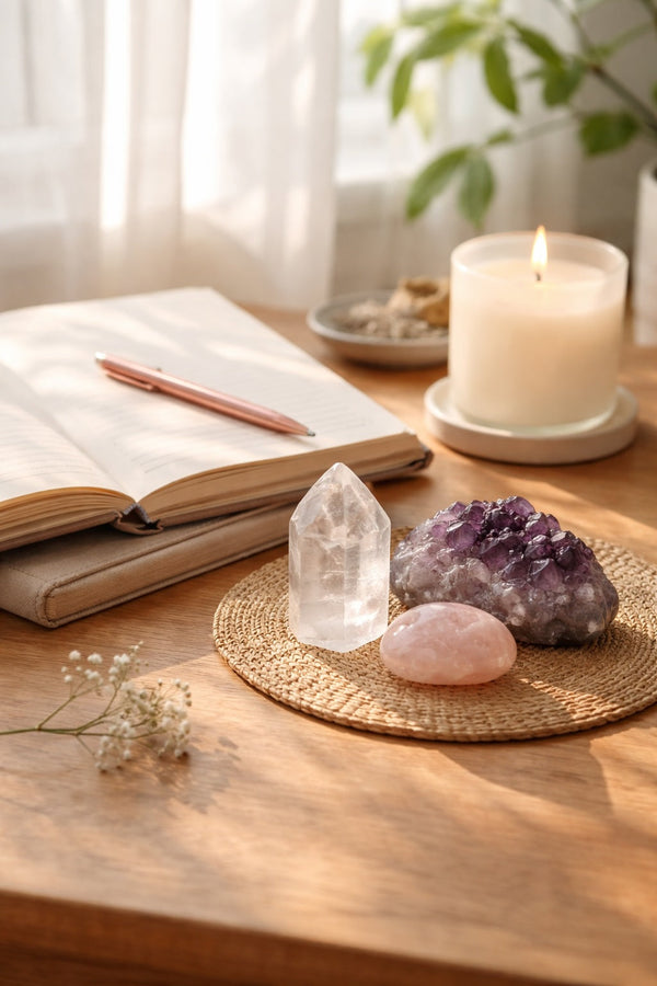 Five-minute reset ritual with crystals and candle in soft morning light.
