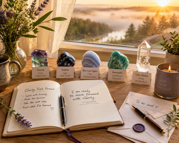 Fluorite, Sodalite, Blue Lace Agate, Amazonite, and Clear Quartz beside a journal in soft morning light.