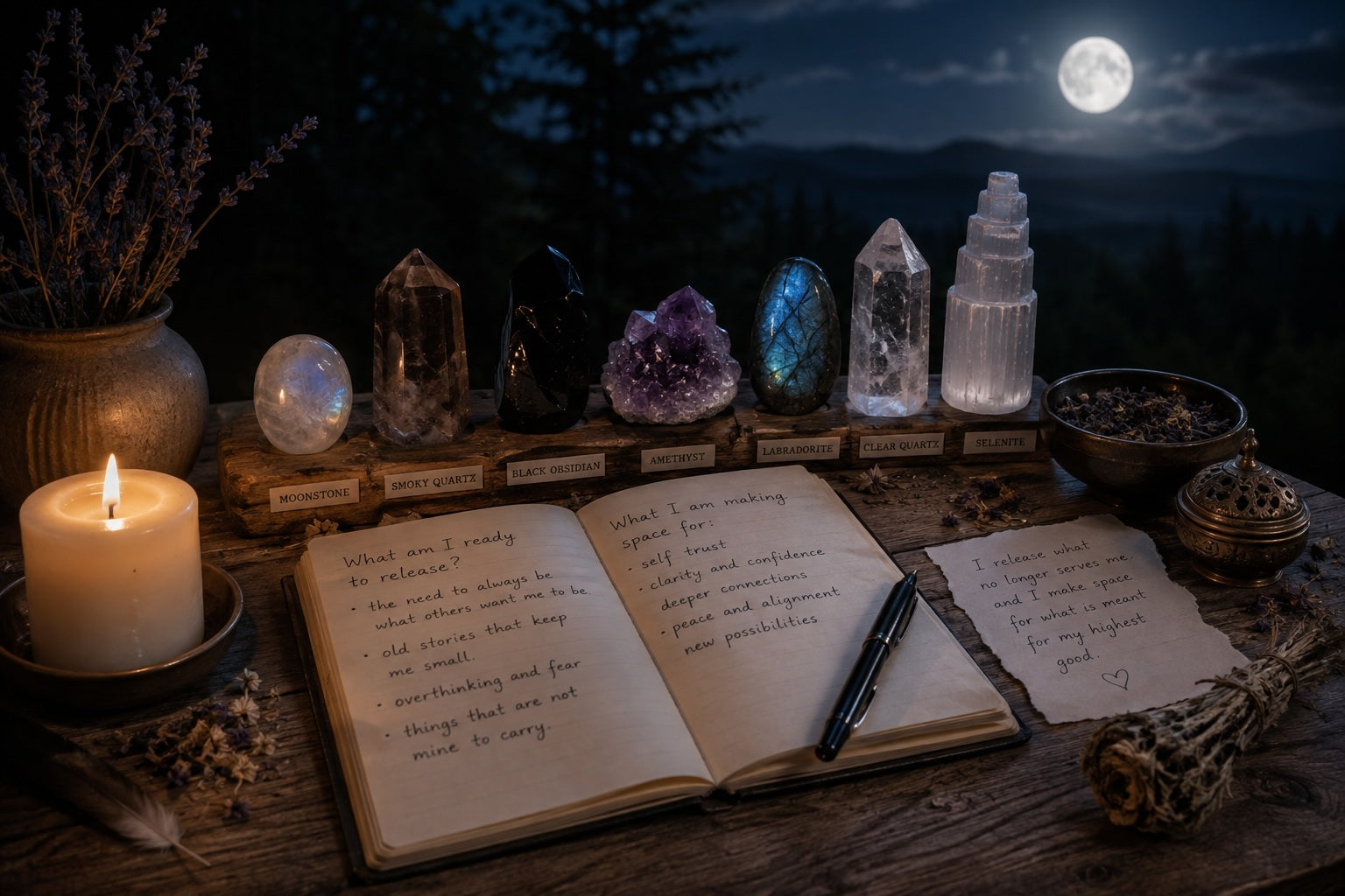 Full Moon release ritual with journal, candle, and crystals arranged in soft moonlight.
