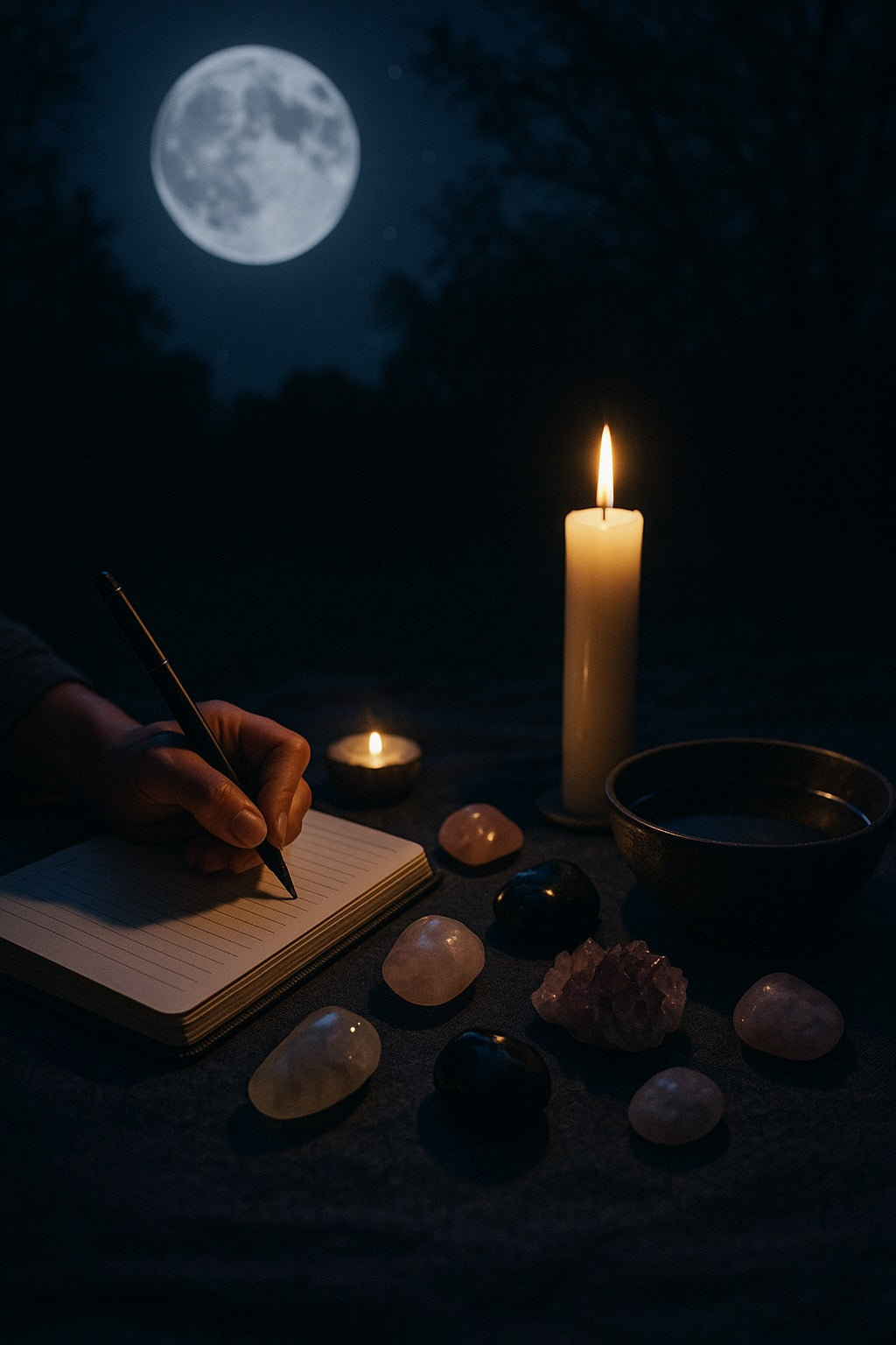 Full moon ritual altar with crystals, candle, journal and a bowl of water