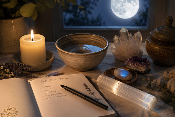 Full moon ritual altar with crystals, candle, journal, and bowl of water.