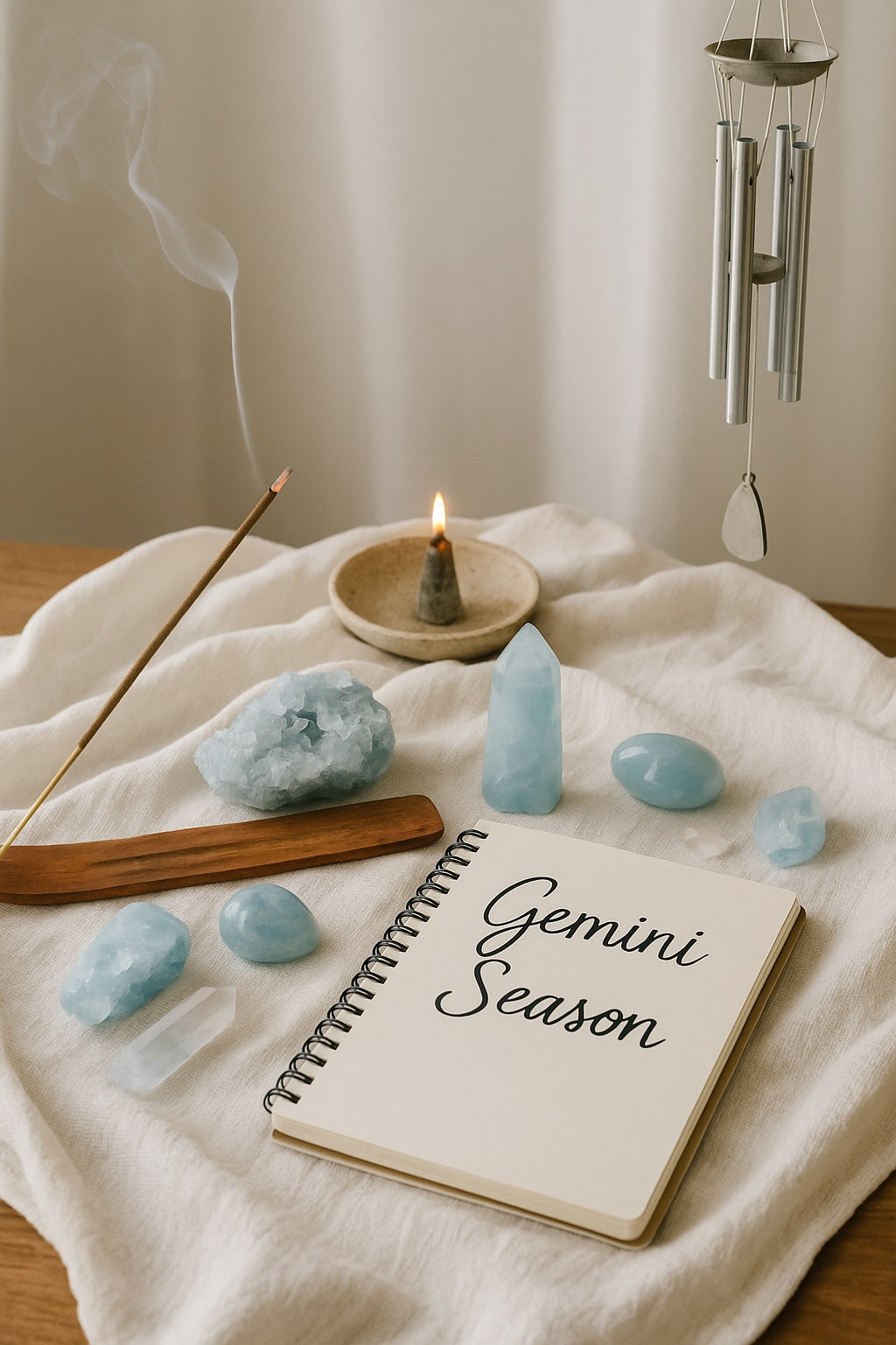 Gemini season altar with incense, wind chimes, and blue crystals