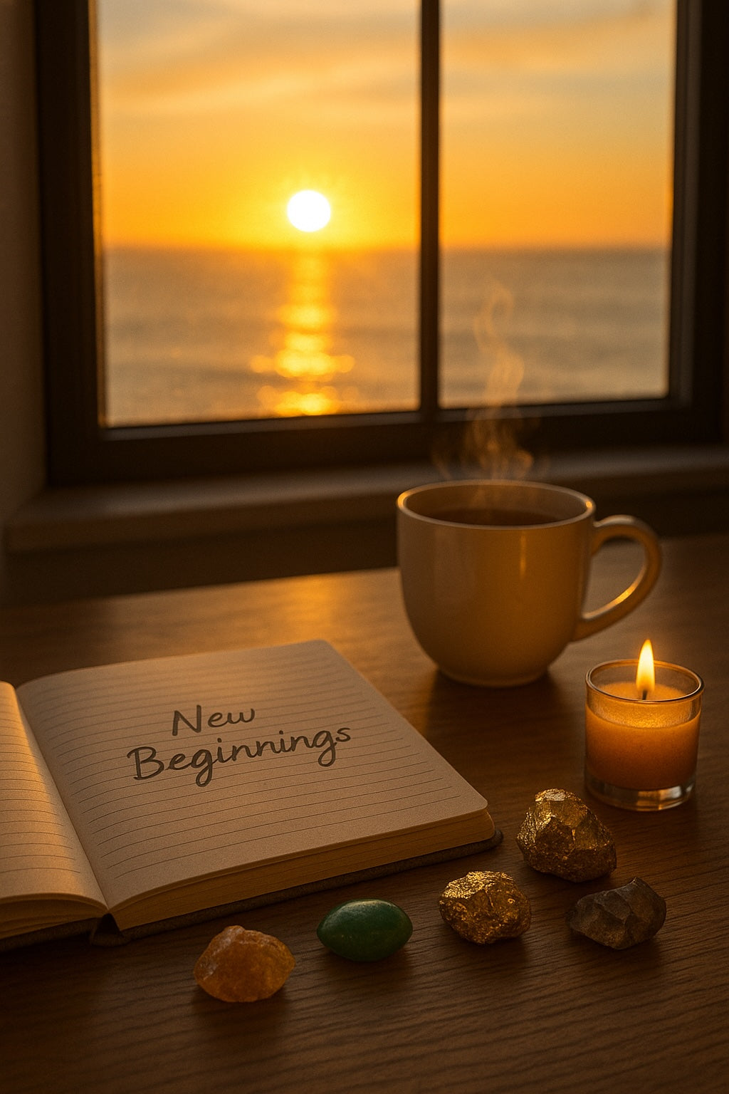 Golden sunrise shining on a workspace with crystals, tea, and a journal symbolizing a new job journey.