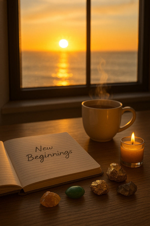 Golden sunrise shining on a workspace with crystals, tea, and a journal symbolizing a new job journey.