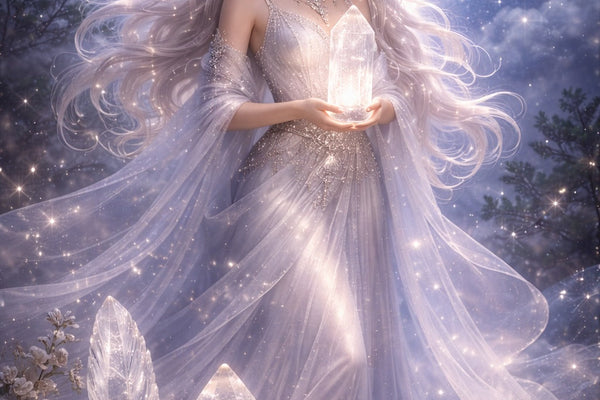 Greek moon goddess Selene holding a glowing selenite crystal under a luminous full moon.