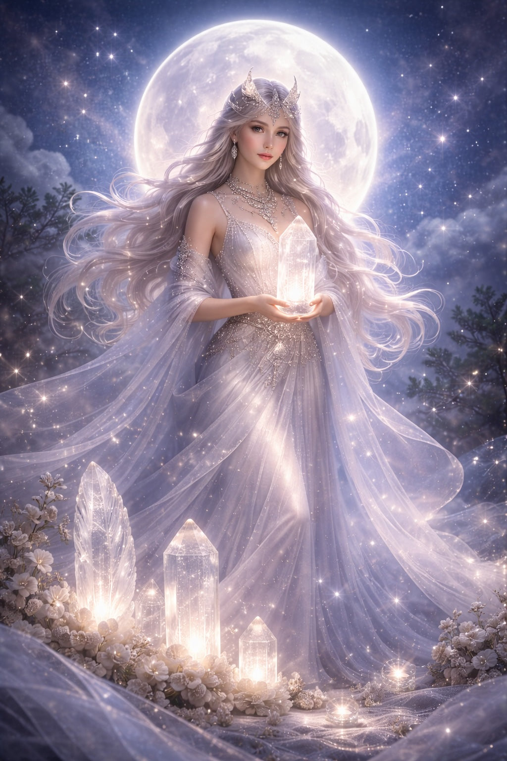 Greek moon goddess Selene holding a glowing selenite crystal under a luminous full moon.