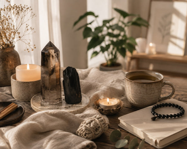 Grounding crystal ritual setup with candles and calming morning light in a peaceful home