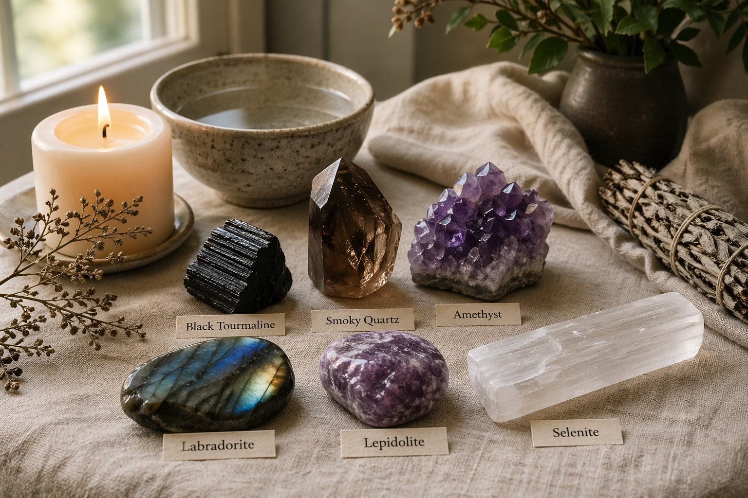 Grounding crystals arranged in a calm ritual space with candlelight for energetic protection and emotional steadiness