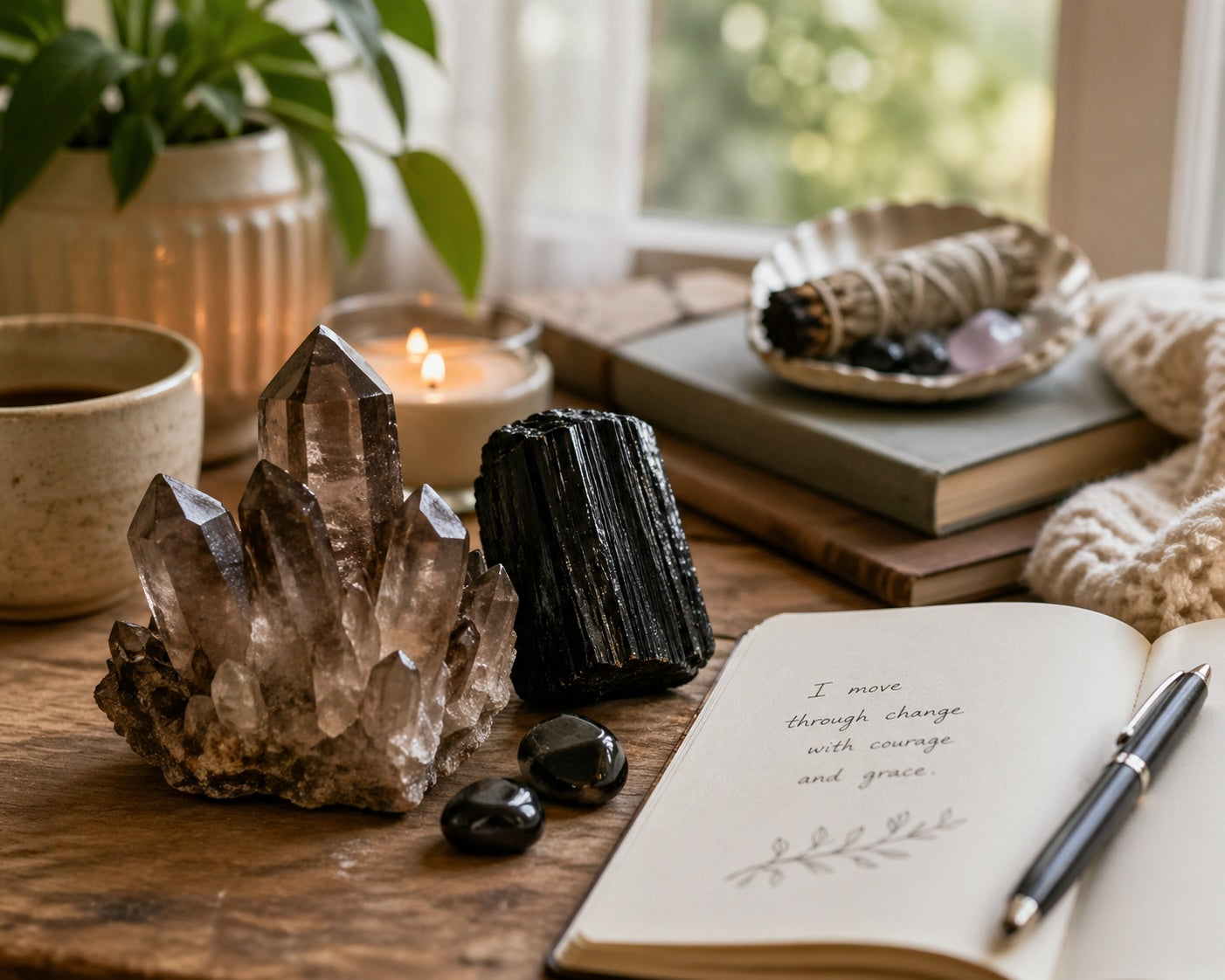 Grounding crystals with journal in a calm, softly lit space for reflection