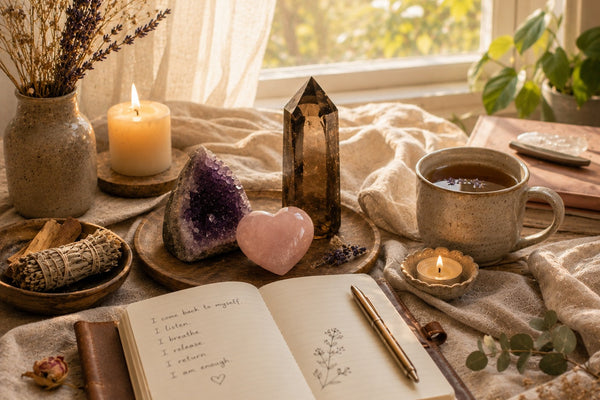 Grounding self-care altar with crystals, candles, journal, and soft morning sunlight