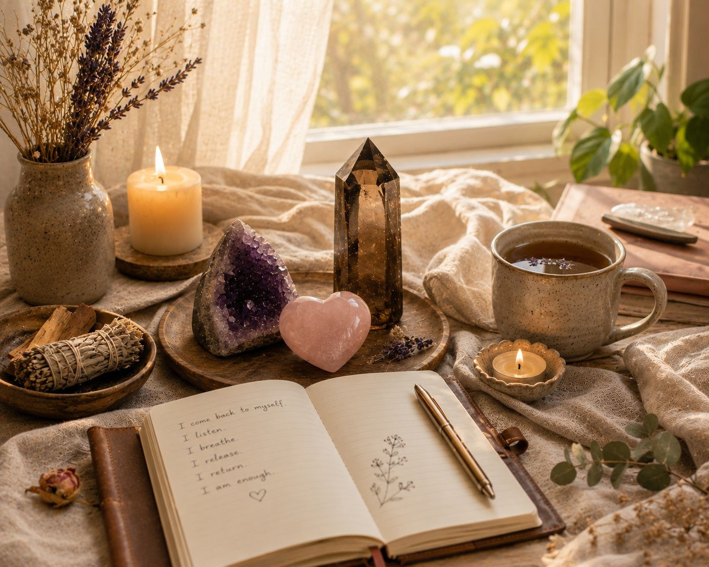 Grounding self-care altar with crystals, candles, journal, and soft morning sunlight