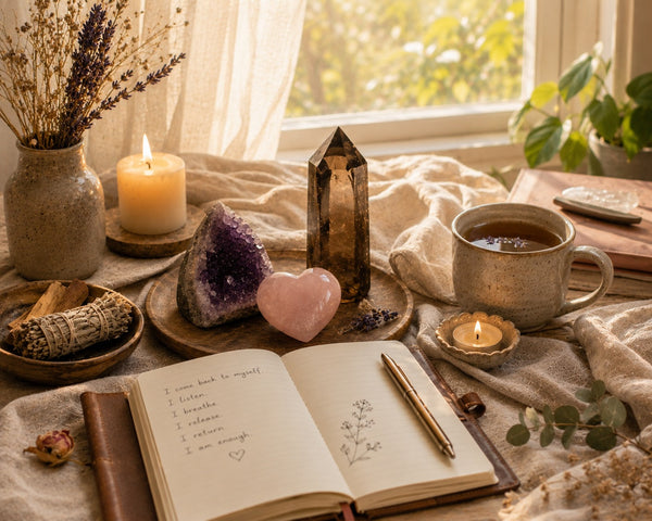 Grounding self-care altar with crystals, candles, journal, and soft morning sunlight