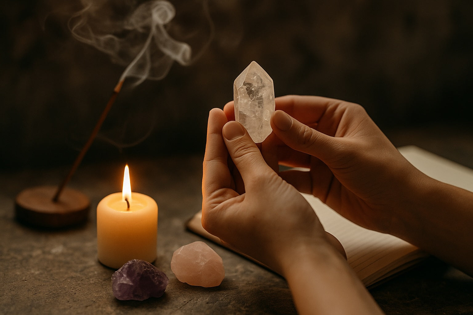 Hands holding a crystal over a candle-lit altar during an intention ritual