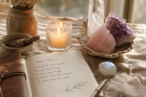 Journal and crystals arranged on a calm altar for a supportive intention-setting ritual