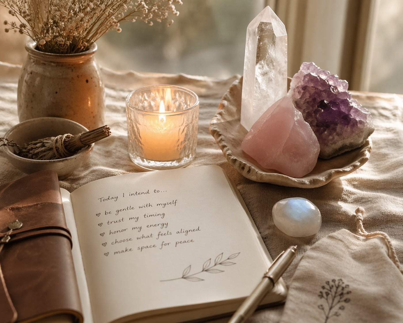 Journal and crystals arranged on a calm altar for a supportive intention-setting ritual