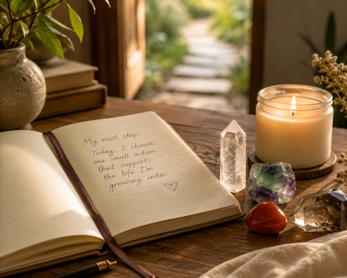 Journal and grounding crystals arranged beside a candle for a simple clarity and next-step reflection practice.