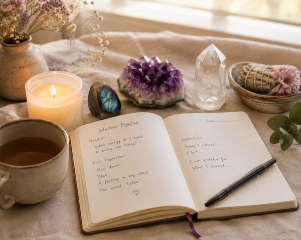 Journal, candle, and intuition crystals arranged for a quiet spiritual practice.