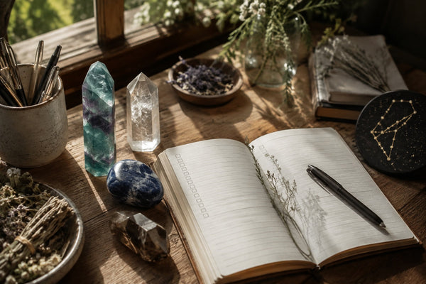 Mercury in Virgo ritual scene with crystals, journal, herbs, and an organized workspace in soft late-summer light.