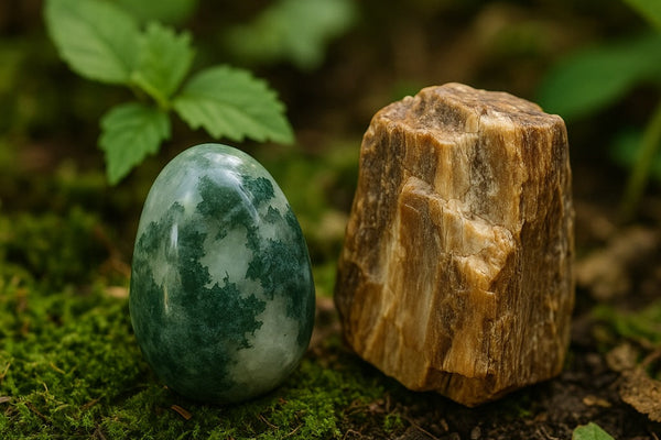 Moss agate and petrified wood crystals arranged outdoors among leaves and earth