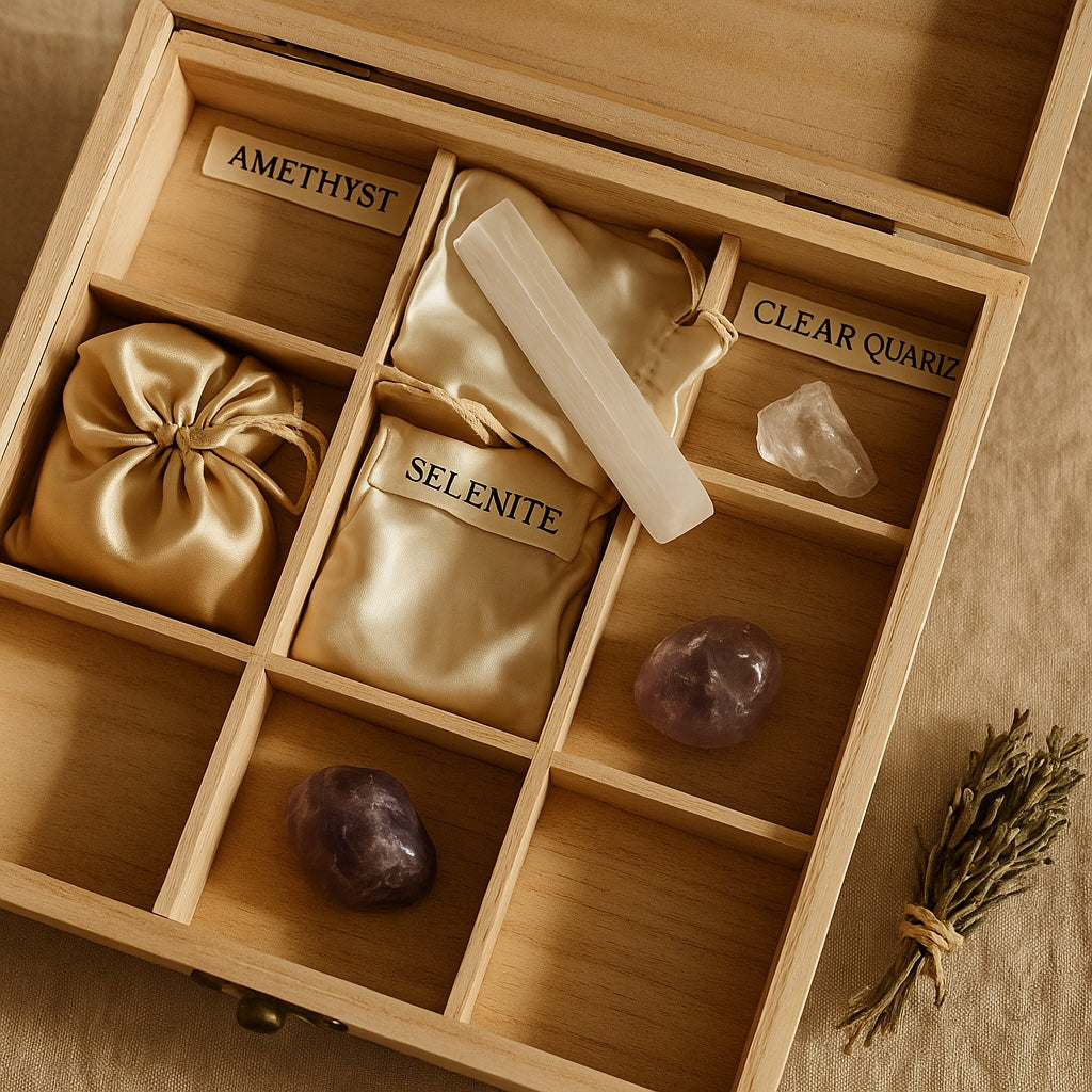 Open wooden box with labeled crystal pouches, selenite wand, and silk cloth