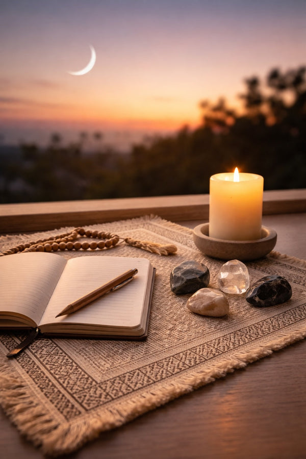 Peaceful Ramadan reflection space with journal, candle, and grounding stones at sunset with crescent moon.