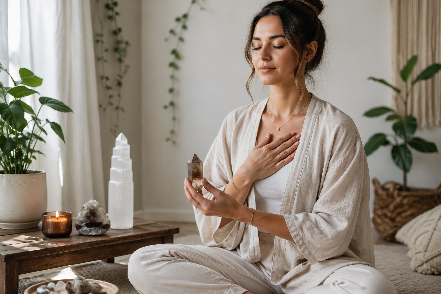 Person holding a crystal during a quiet letting go meditation ritual