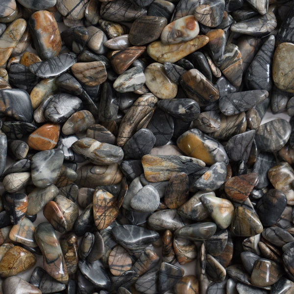 Polished Picasso Stone specimen with bold black and charcoal brushstroke-like patterns branching across a cream and warm gray marble surface