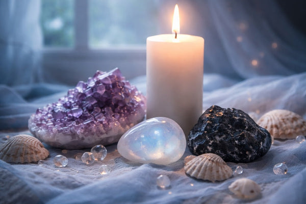 Pisces season crystal altar with amethyst, moonstone, black tourmaline, and white candle in soft moonlight