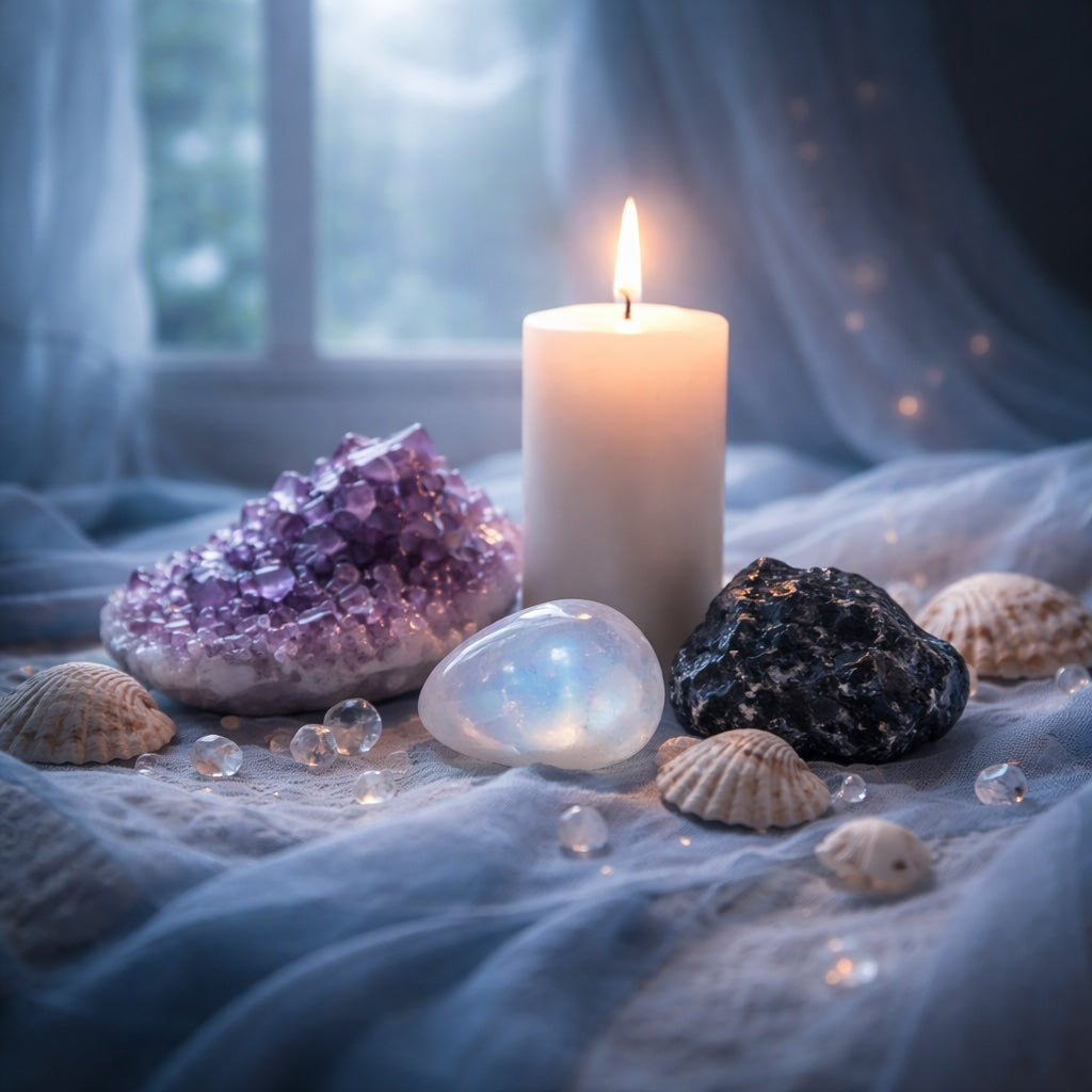 Pisces season crystal altar with amethyst, moonstone, black tourmaline, and white candle in soft moonlight