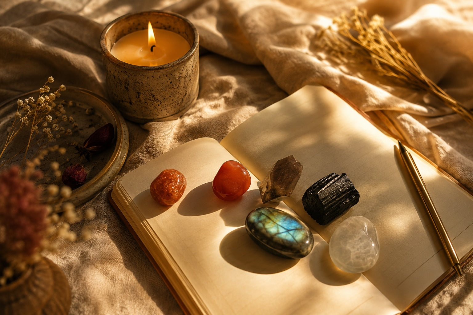 Post-eclipse crystal ritual with Sunstone, Carnelian, Smoky Quartz, Labradorite, Moonstone, a journal, and candle in warm golden light.