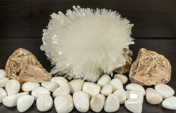 Radiant white Scolecite crystal cluster with fibrous, delicate formations