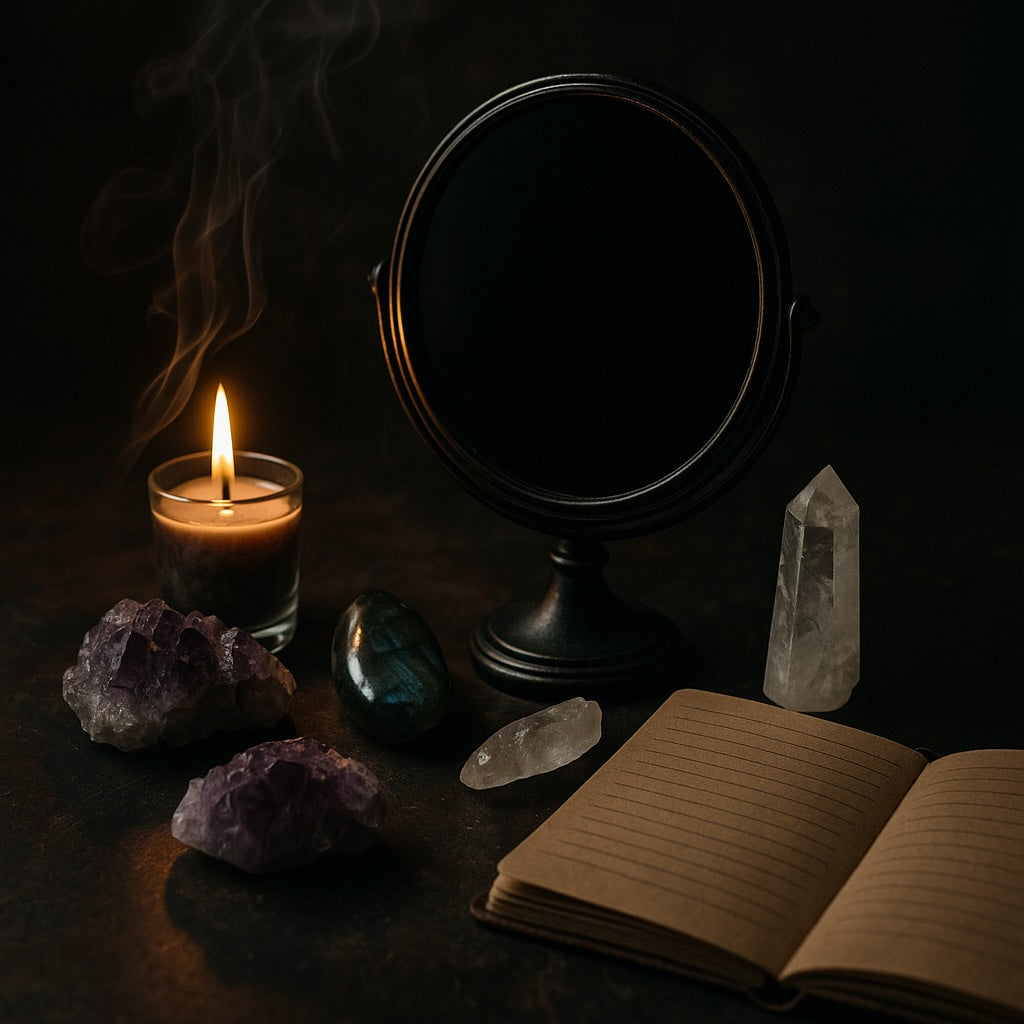 Scrying mirror surrounded by crystals and a candle on a spiritual altar