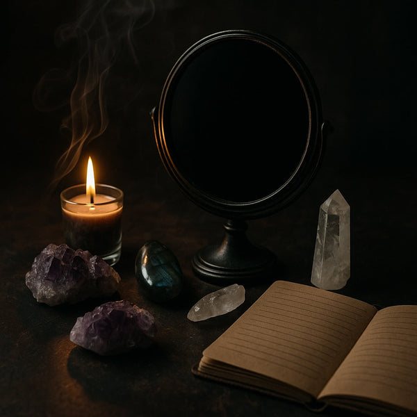 Scrying mirror surrounded by crystals and a candle on a spiritual altar