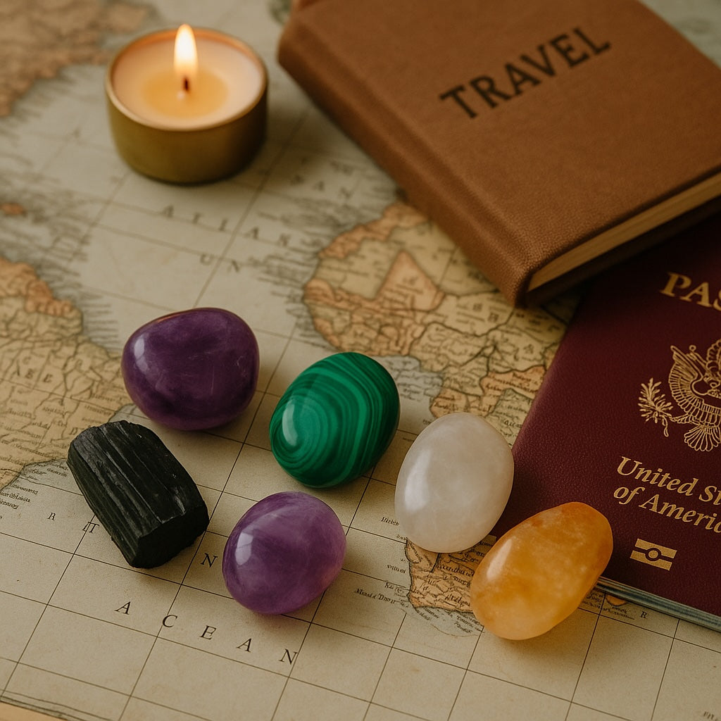 Selection of travel crystals on a world map including black tourmaline, moonstone, and citrine
