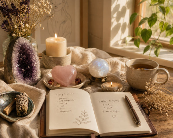 Self-reflection altar with crystals, journal, candles, and calming morning light