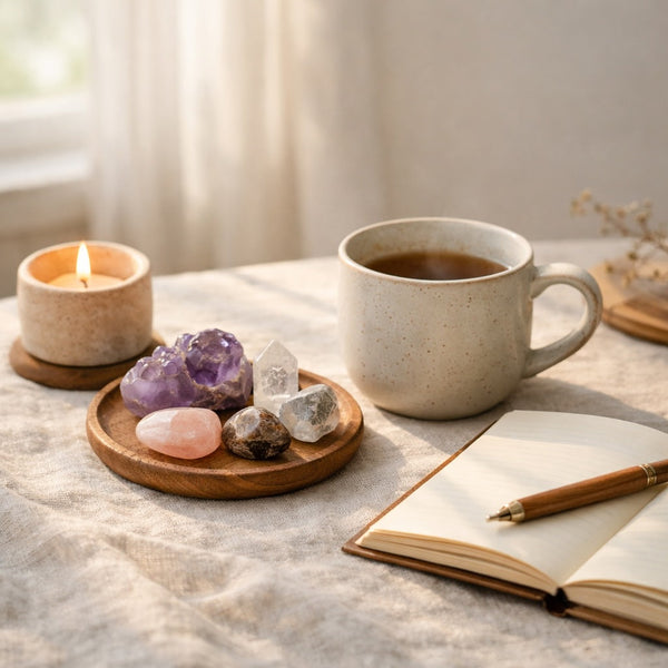 Simple daily spiritual routine setup with crystals, candle, tea, and journal in soft natural light