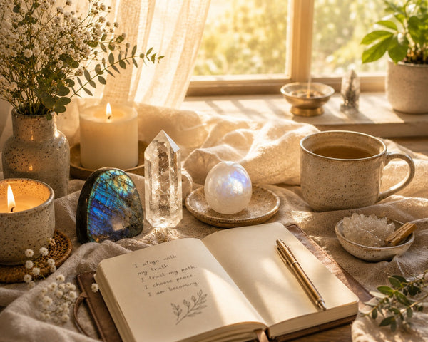 Spiritual alignment altar with crystals, journal, candles, and calming natural sunlight