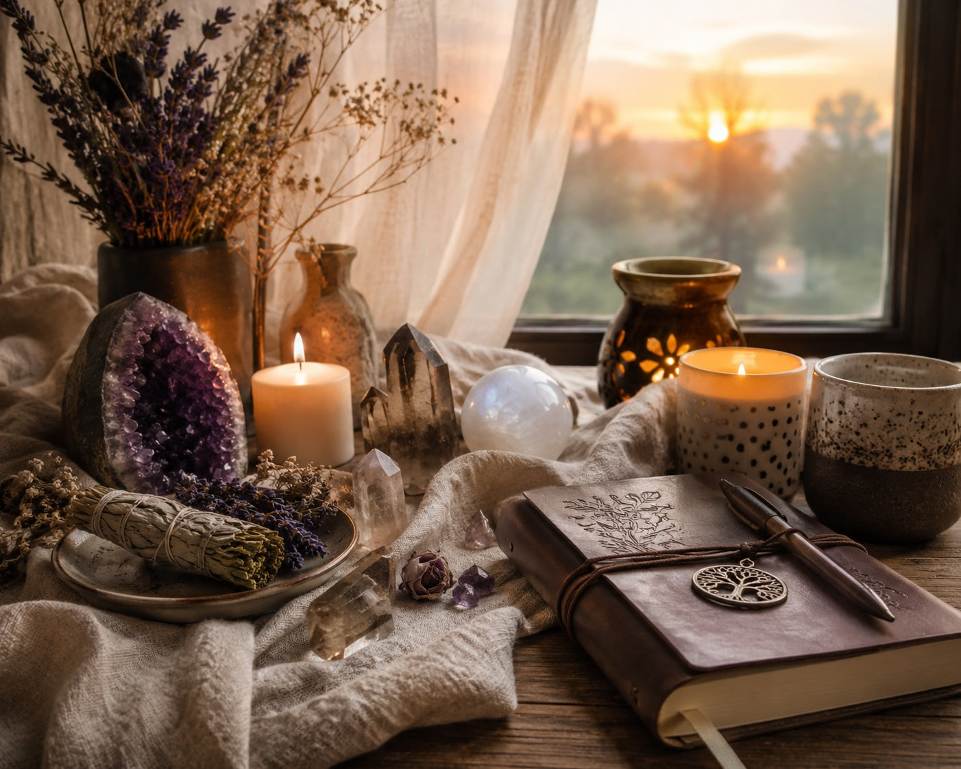 Spiritual altar with grounding crystals, candles, and journal during a peaceful morning ritual