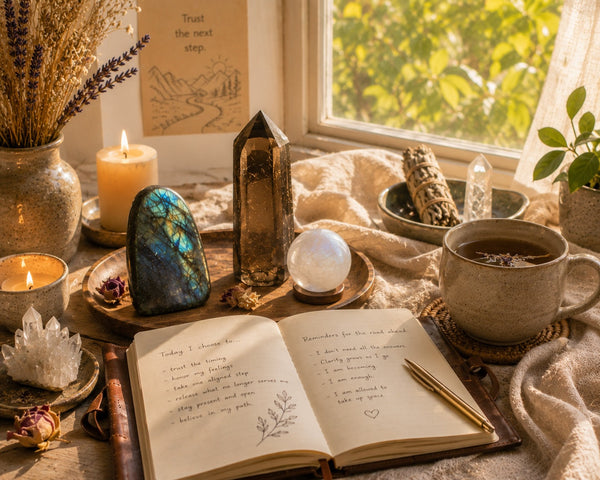 Spiritual growth altar with grounding crystals, journal, candles, and soft natural sunlight