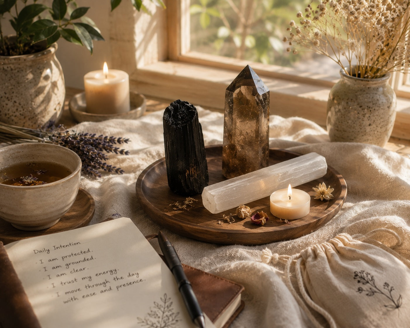 Spiritual protection ritual setup with grounding crystals, candles, and calming sunlight