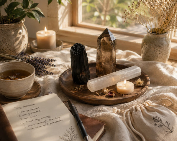 Spiritual protection ritual setup with grounding crystals, candles, and calming sunlight