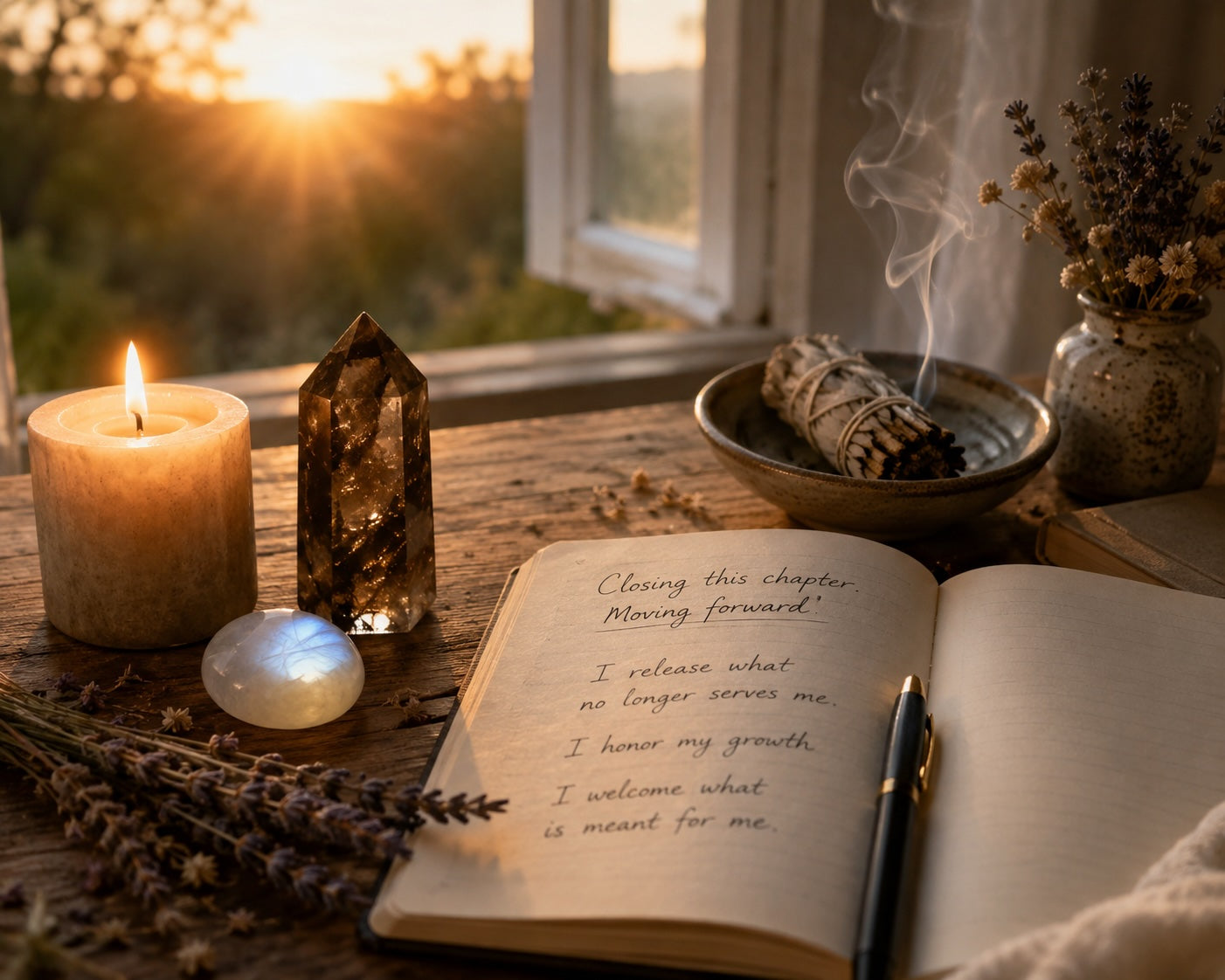 Spiritual ritual setup with crystals, candle, and journal for emotional healing and new beginnings.