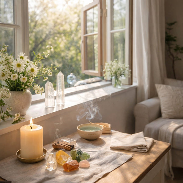 Spring energy cleanse scene with crystals, sunlight, and a fresh, airy home environment.