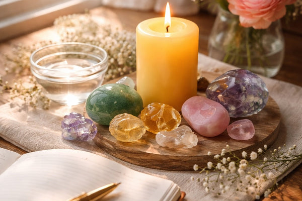Spring equinox altar with green aventurine, citrine, pink opal, fluorite, candle, journal, and fresh flowers in natural sunlight.