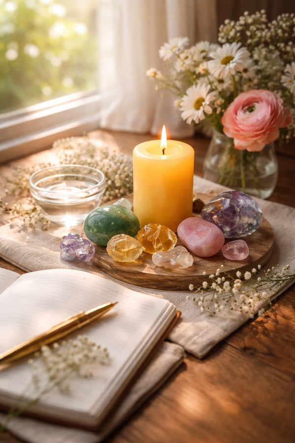 Spring equinox altar with green aventurine, citrine, pink opal, fluorite, candle, journal, and fresh flowers in natural sunlight.