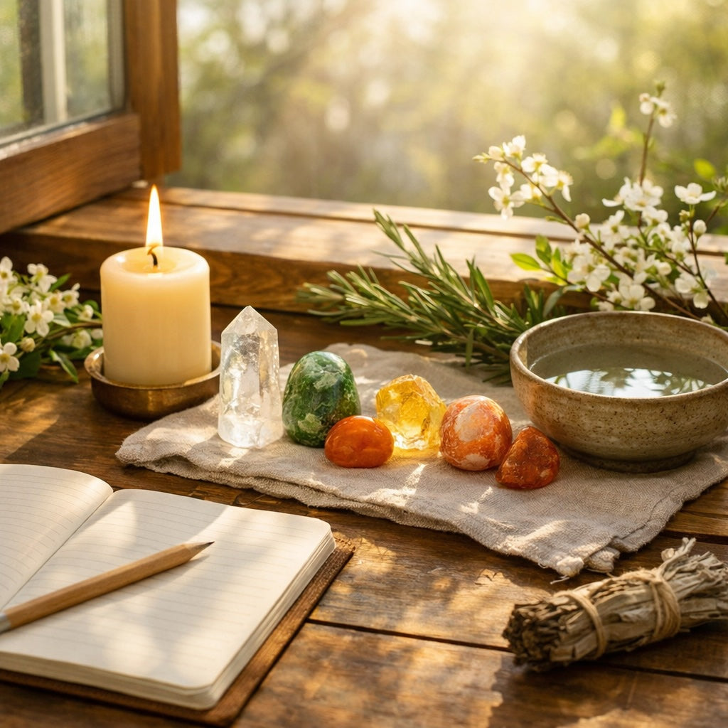 Spring equinox ritual altar with crystals, candle, water bowl, and fresh greenery in morning light.
